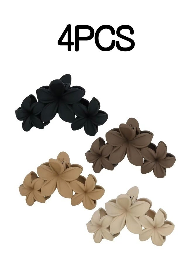 4 Pieces Hawaiian Plumeria Flower Hair Clips Large Matte Claw Clips for Women Non Slip Strong Hold Beach Style Accessories Ideal for Summer Hairstyles Black Dark Brown Light Brown Khaki